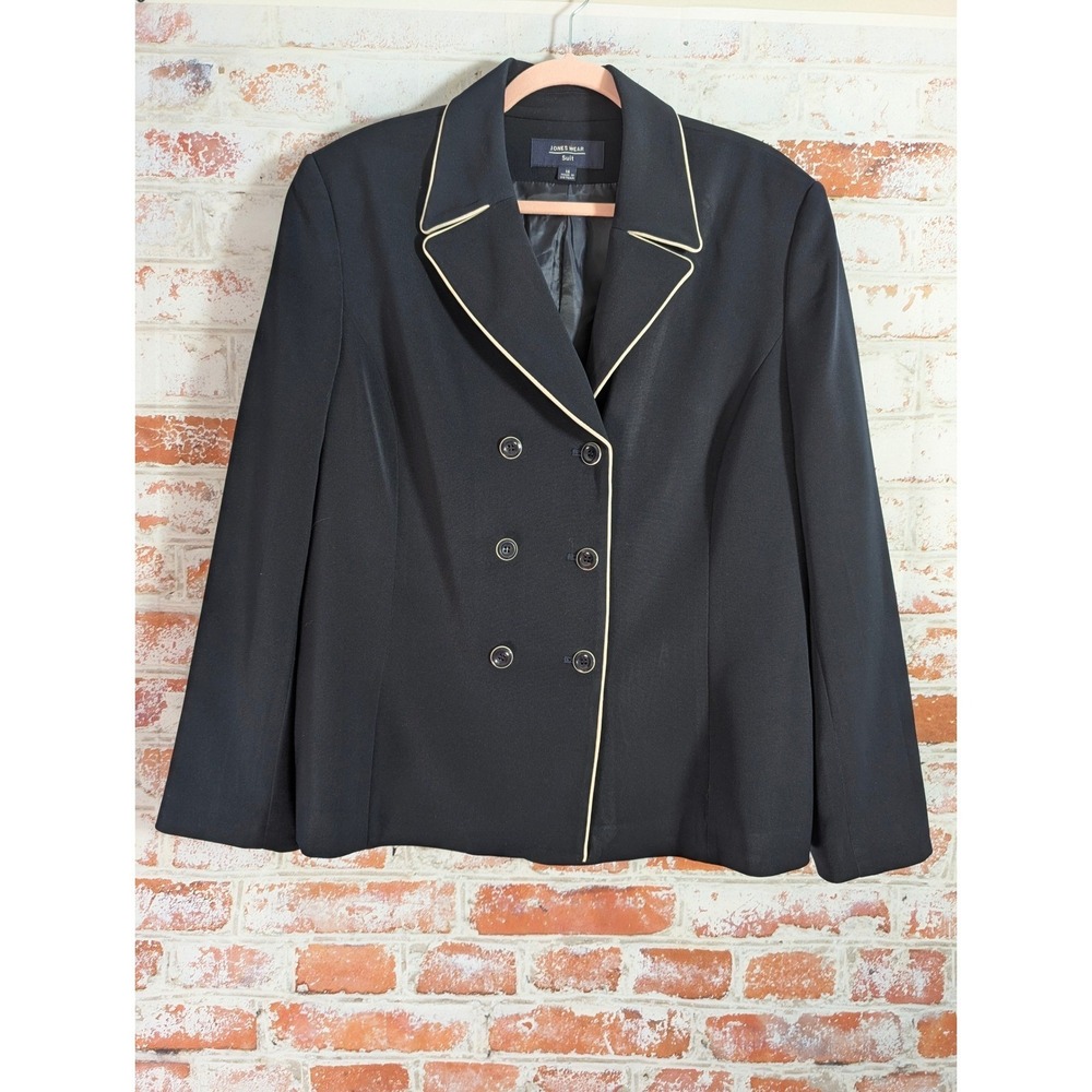Jones Wear Suit Blazer Womens 18 Black Double Breasted Piping Professional Coat